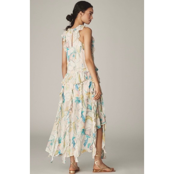 Maeve Anthropologie Watercolor Floral Ruffle Hi-Low Dress Sz XS Fairy Romantic - Picture 7 of 14